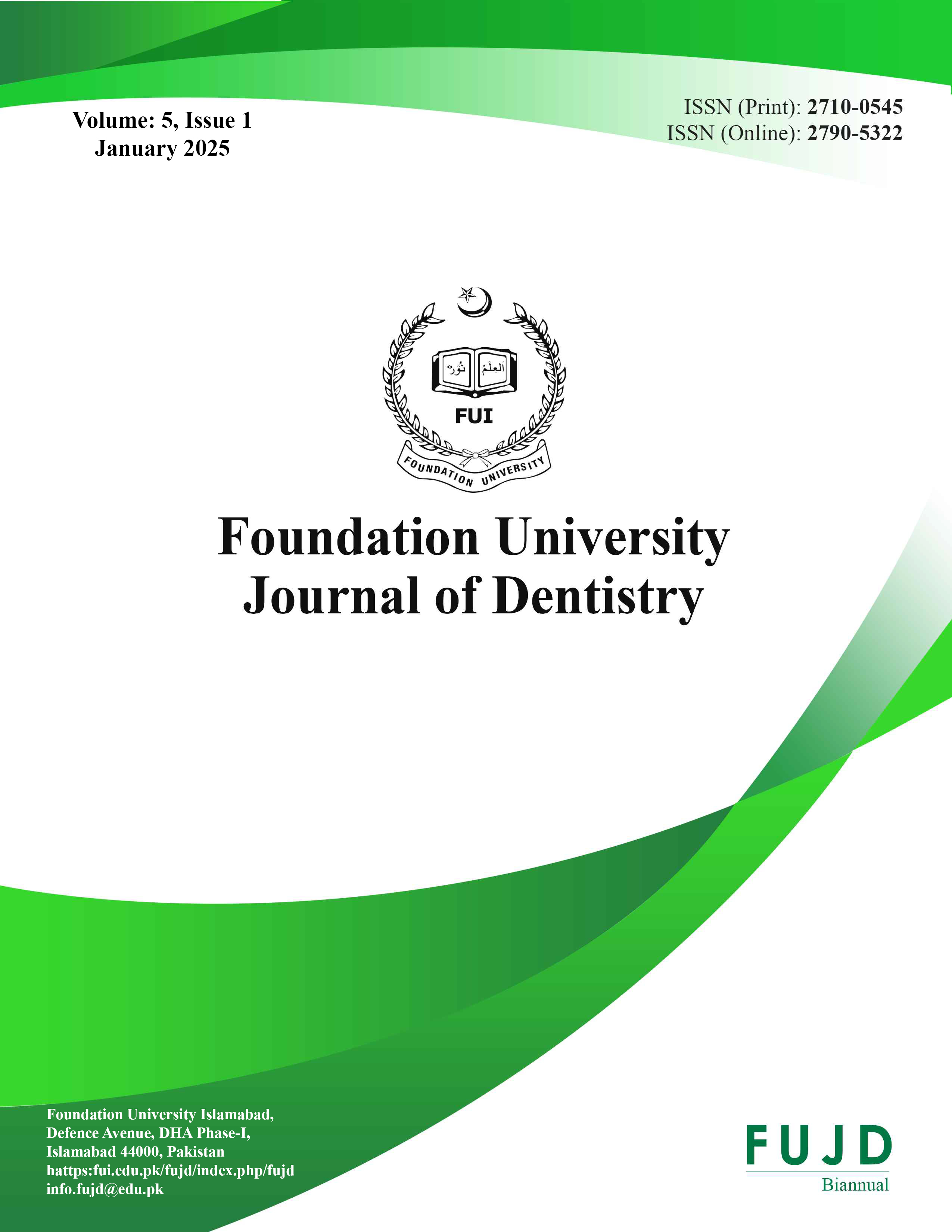 					View Vol. 5 No. 1 (2025): Foundation University Journal of Dentistry, 2025, Vol. 5, No. 1
				